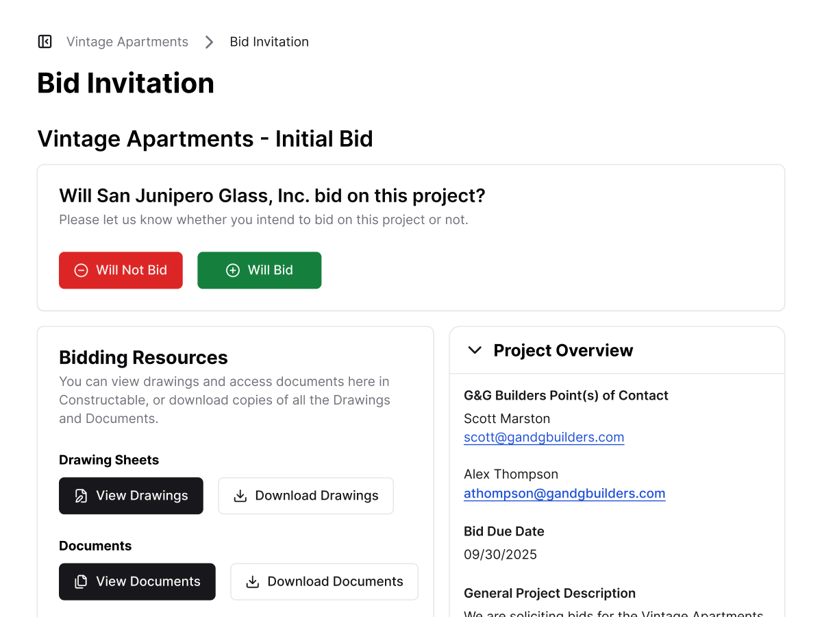 A screenshot of the special landing page that bidders see when they access Constructable to bid on a project. Bidders can easily indicate their intention to bid or not to bid, view or download all of the project's drawing sheets, view or download all of the project's documents, and even submit their bid directly on the landing page. Bidders can add specific bid amounts for each scope of work. The landing page also includes all relevant contact information for the project, the bid due date, a description of the project, and the full written bidding instructions.