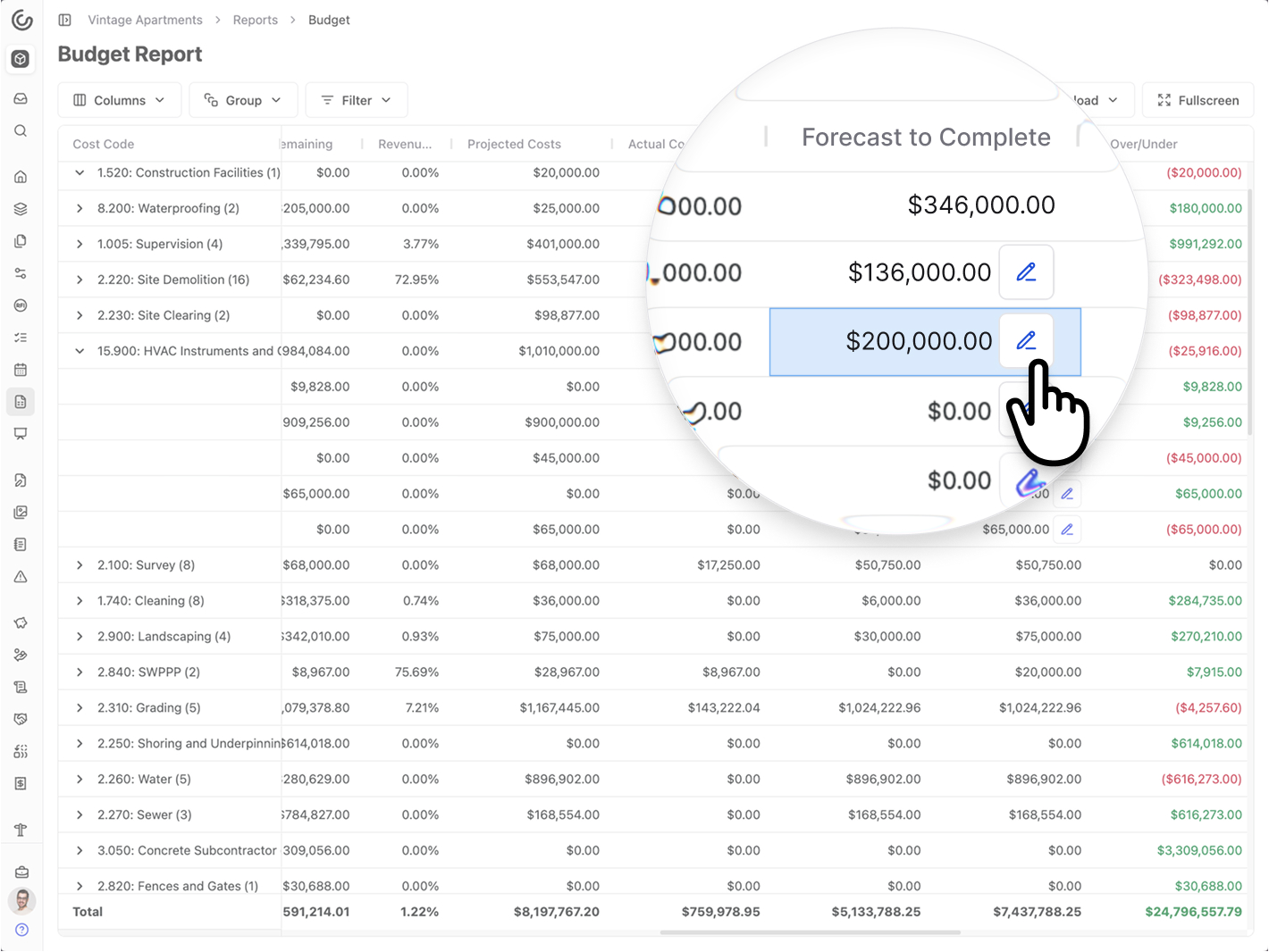 A screenshot of Constructable's budget report, with a close-up detail view of the 'Forecast to Complete' column, which allows users the ability to manually override the forecast to complete amount for a given line item.