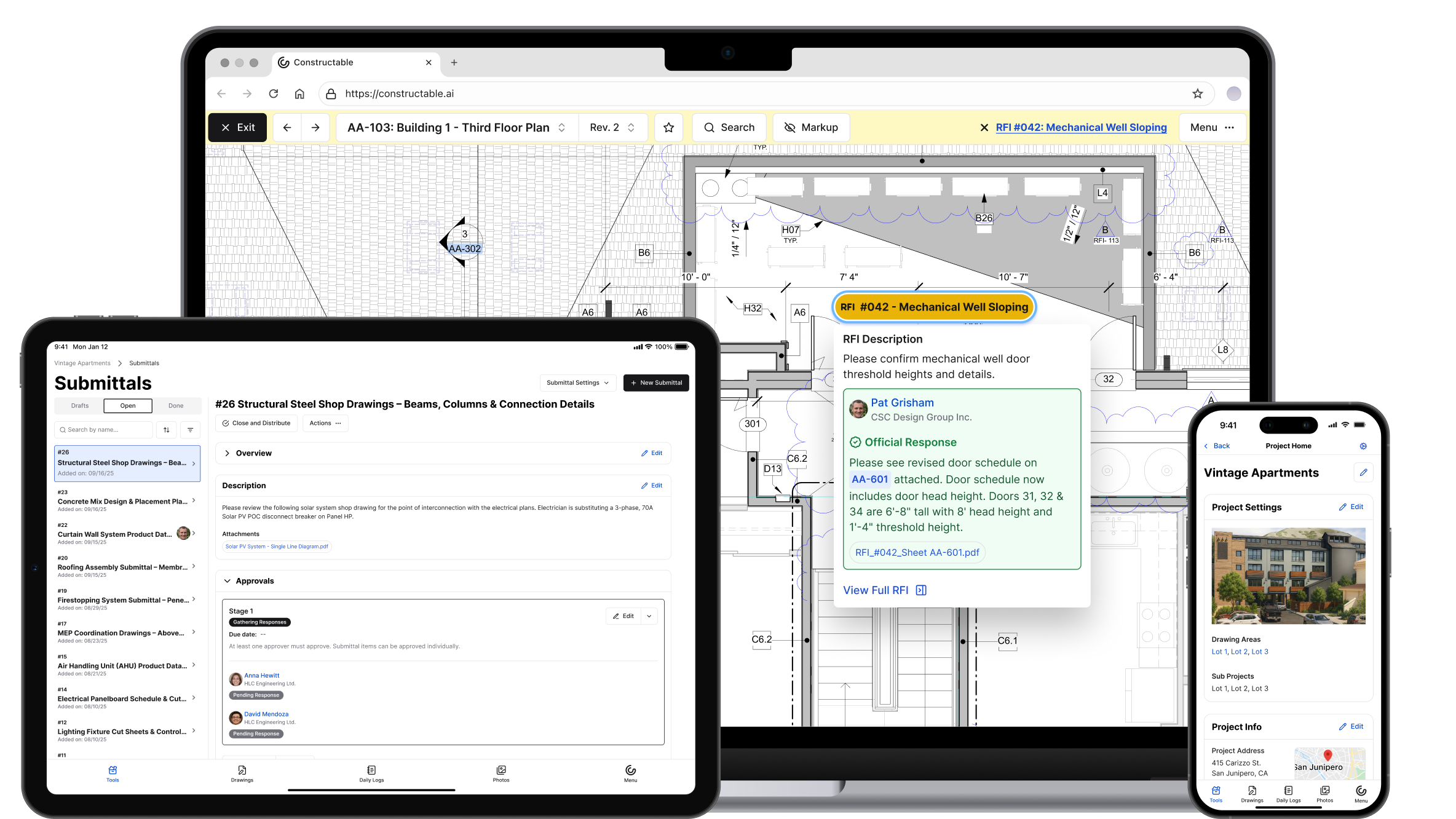 An image showing Constructable's project management features running on a latop, tablet, and smartphone—each one showing a different project management feature. The laptop is showing an RFI pinned to a drawing sheet, the tablet is showing the Submittals feature, and the smartphone is showing the Project Homepage/ Each screen is simple, clear and easy to read regardless of device, highlighting the fact that Constructable is a versatile tool ready for use on any device that project managers prefer, whether they are in the field or in the office.