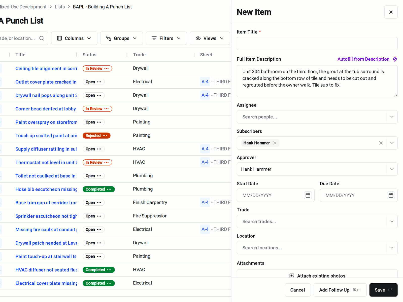 The New Item form for a punch list in Constructable, with a dictated description and the Autofill from Description button