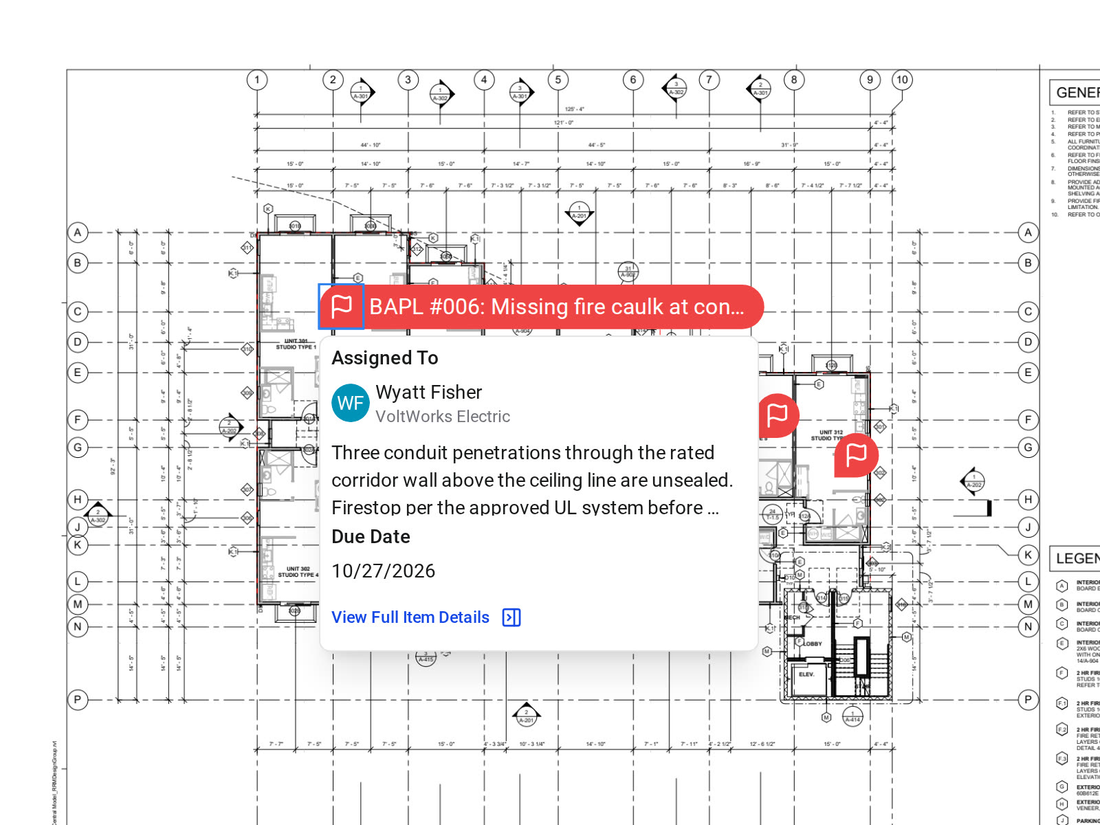 Punch items pinned on a third floor plan in the Constructable drawing viewer, with one item's assignee, description, and due date open