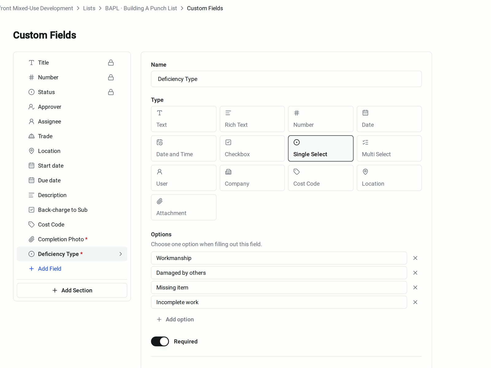 The Custom Fields setup on a punch list in Constructable, with a required Deficiency Type field and its options next to the built-in fields