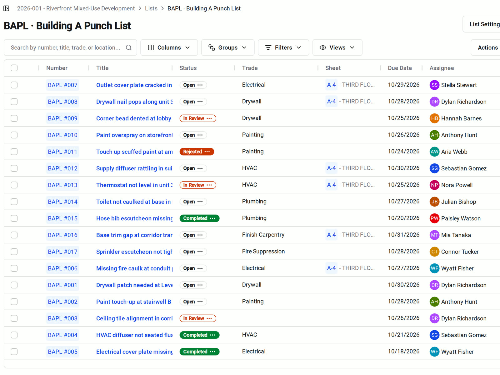 A punch list in Constructable showing each item's status, trade, drawing sheet, due date, and assignee