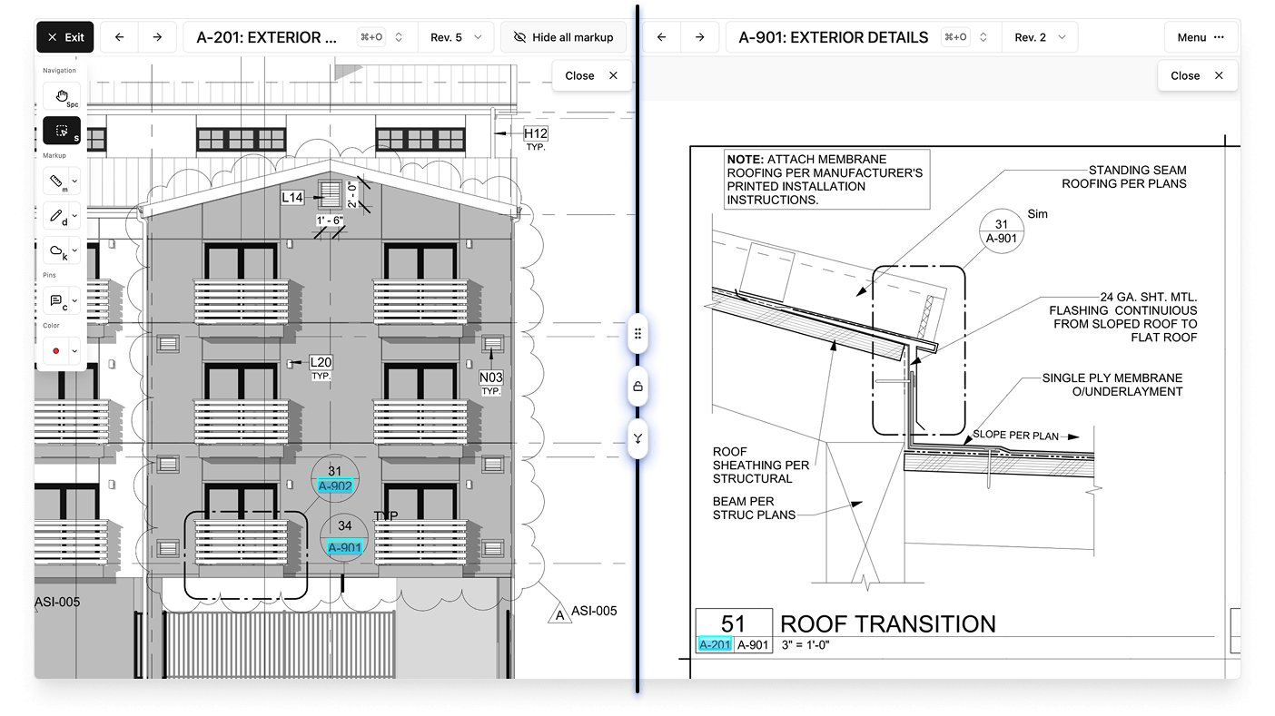 A screenshot showing Constructable's innovative Split View feature, where users can compare two drawing sheets side-by-side